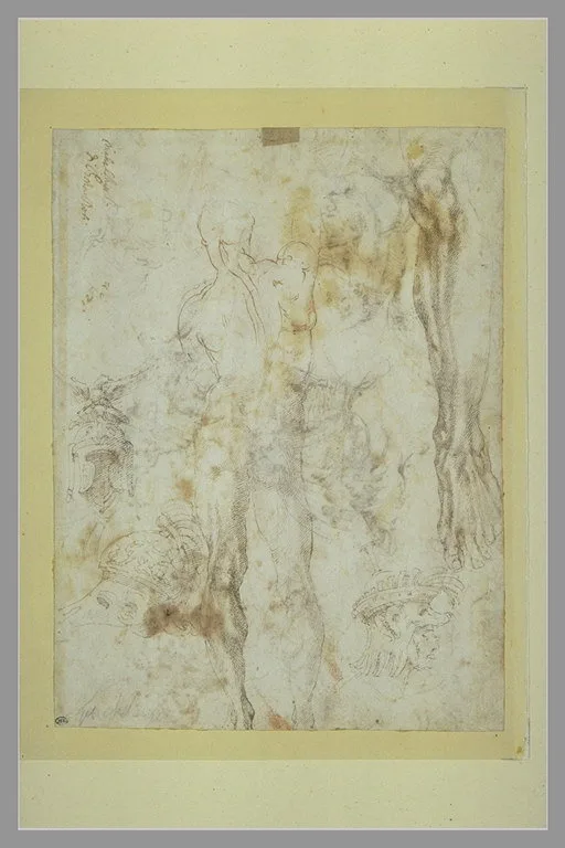 Homme nu, de dos, études de jambes, d'une tête casquée, et de casques