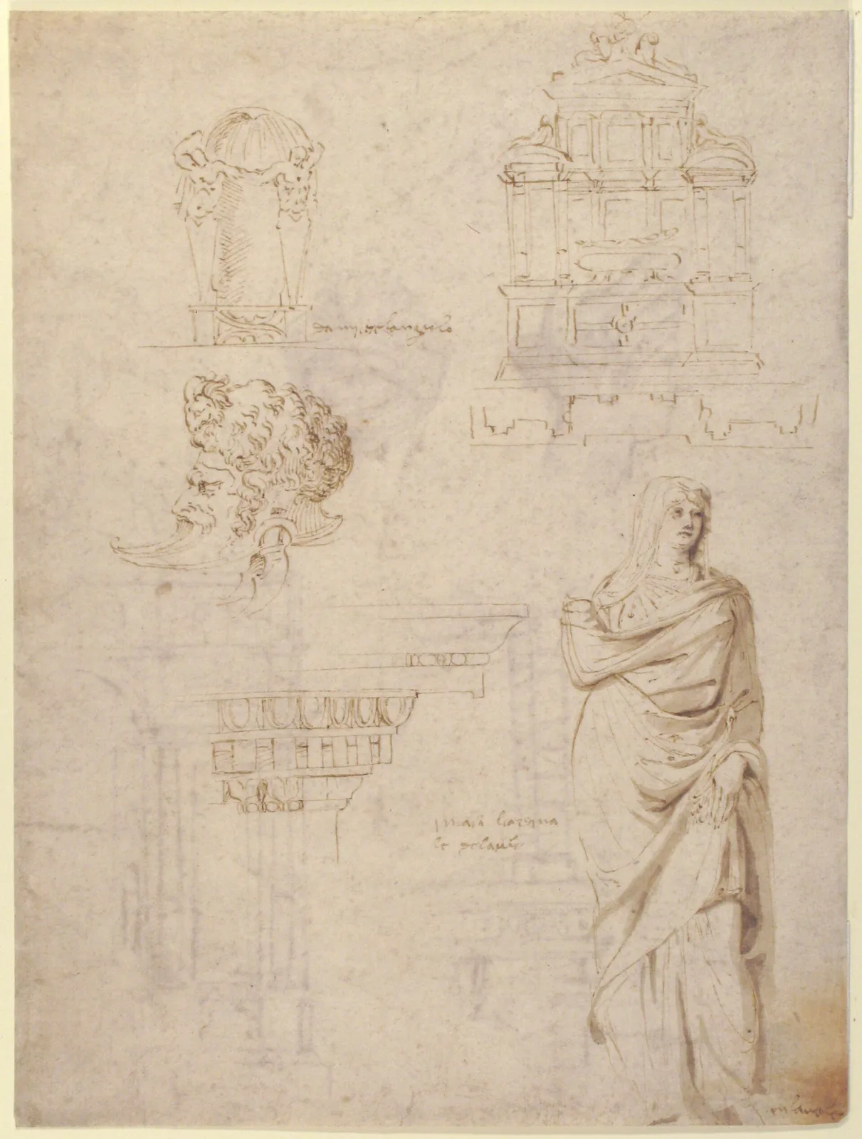 Sketches of a Funeral Monument, a Niche with Statues, a Helmet in the Shape of a Human Head, an Entablature and a Female Statue