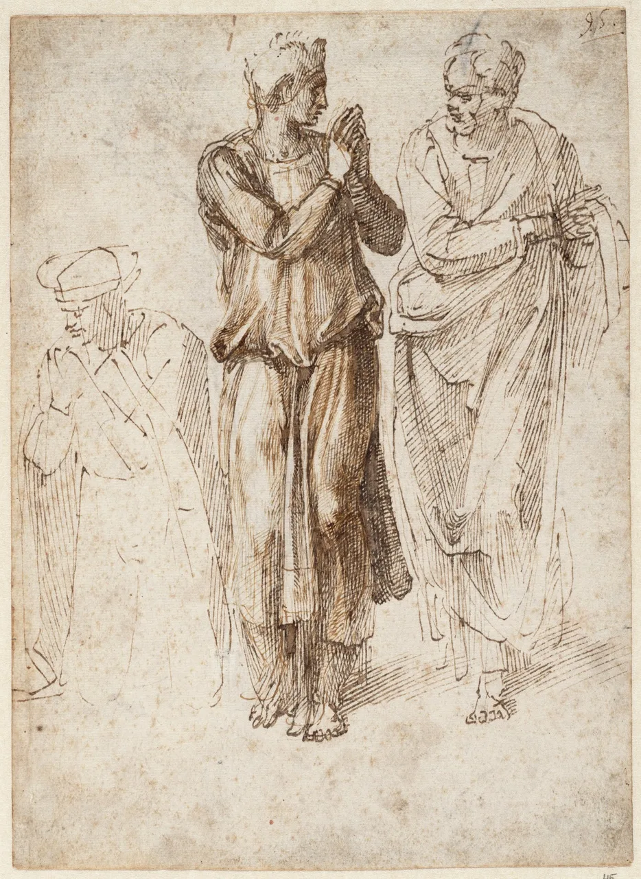 Drie gekleede figuren, de handen gevouwen, linker figuur geknield, de anderen staand