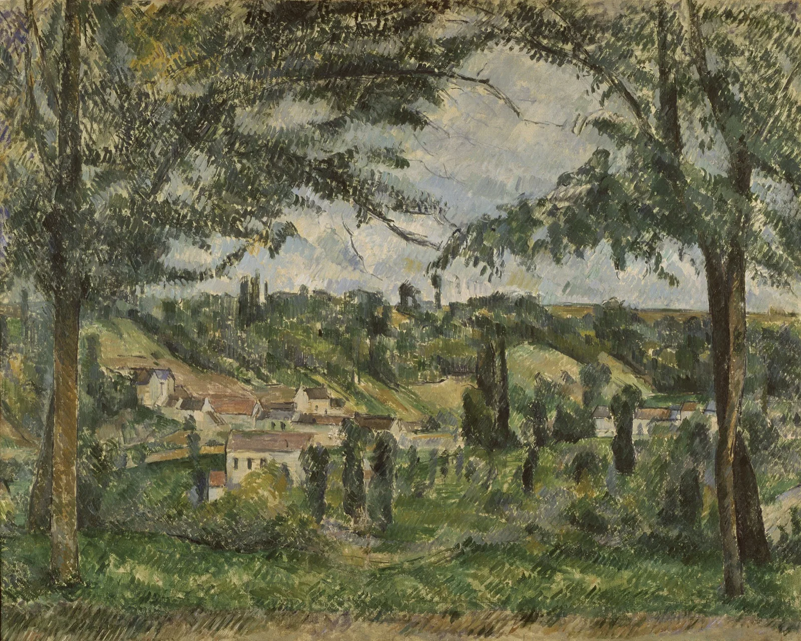 Le Hameau des Pâtis à Pontoise, encadré par des arbres (Hamlet of Pâtis in Pontoise, framed by trees)