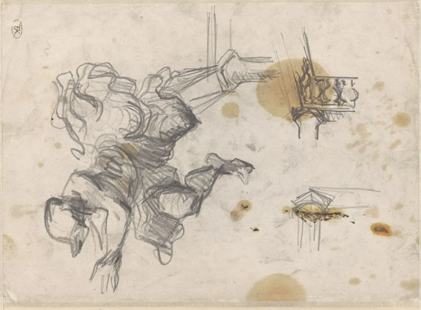 Personnage volant et études d'architecture