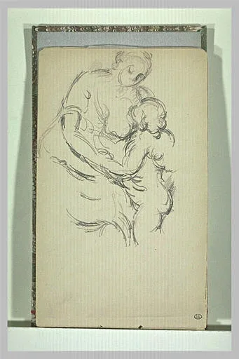 Femme assise, tenant dans ses bras un enfant debout devant elle