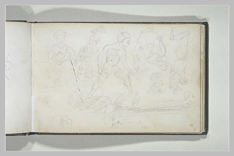 Feuille d'études de personnages, avec un homme torse nu