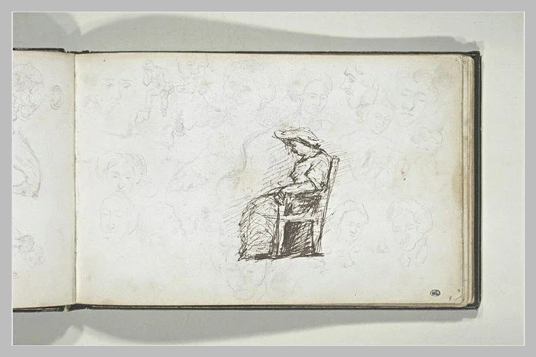 Etude d'une femme assise, de profil, et croquis de visages