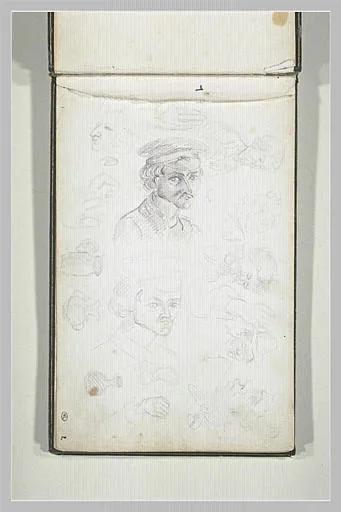 Feuille d'études de portraits, et trois objets