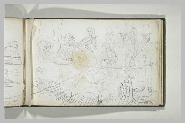 Feuille d'études de personnages, avec un musicien