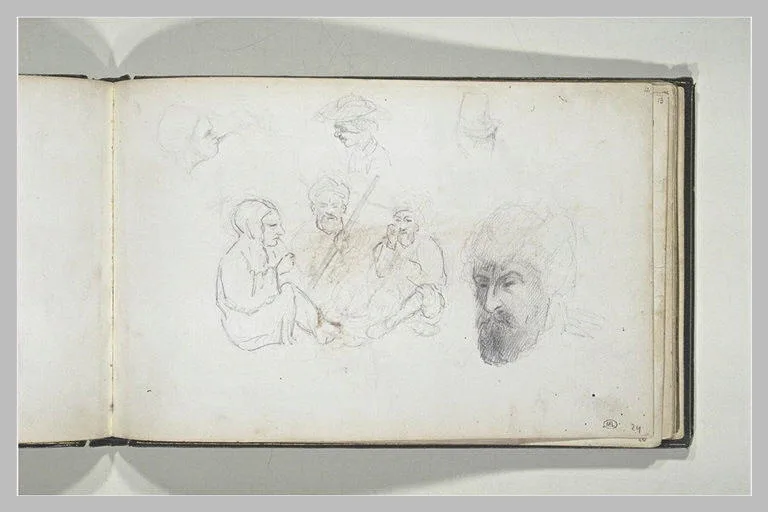 Etudes de têtes et de trois personnages assis
