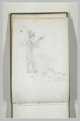 Caricature d'un homme debout, et croquis d'un homme à cheval