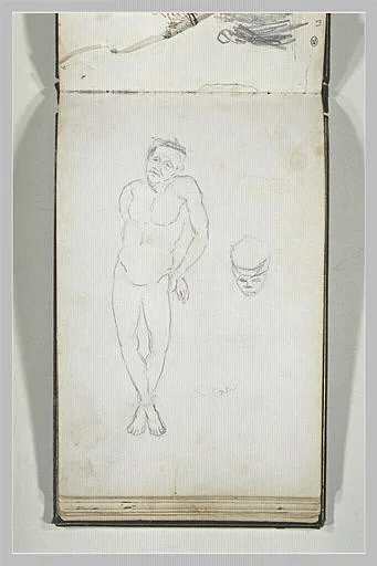 Personnage nu, les mains liées, et esquisse d'une tête