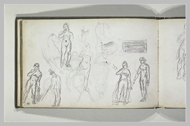 Feuille d'études avec nus et chevaux