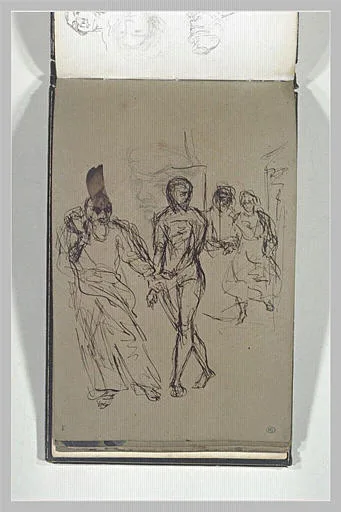 Quatre personnages, et le croquis d'une tête