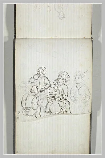 Personnages autour d'une table, mangeant et buvant