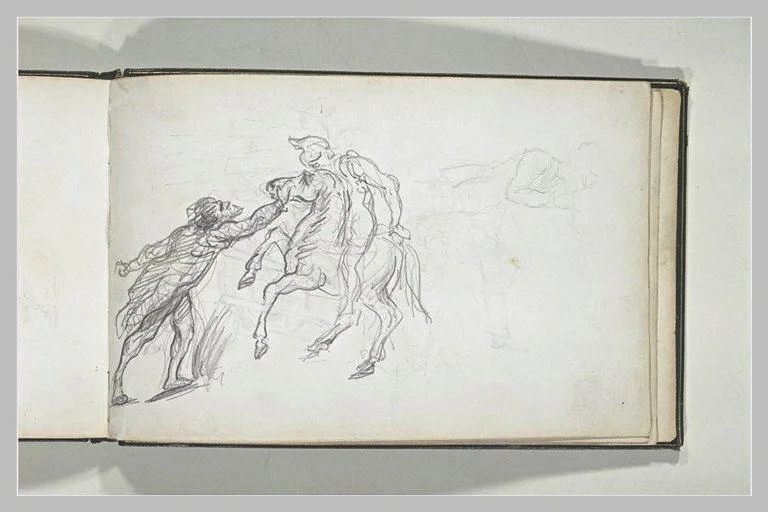 Scène de genre, avec un cavalier, et croquis de personnages