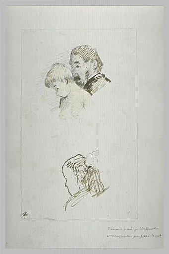 Femme en buste aux seins nus; tête d'homme; tête de petite fille