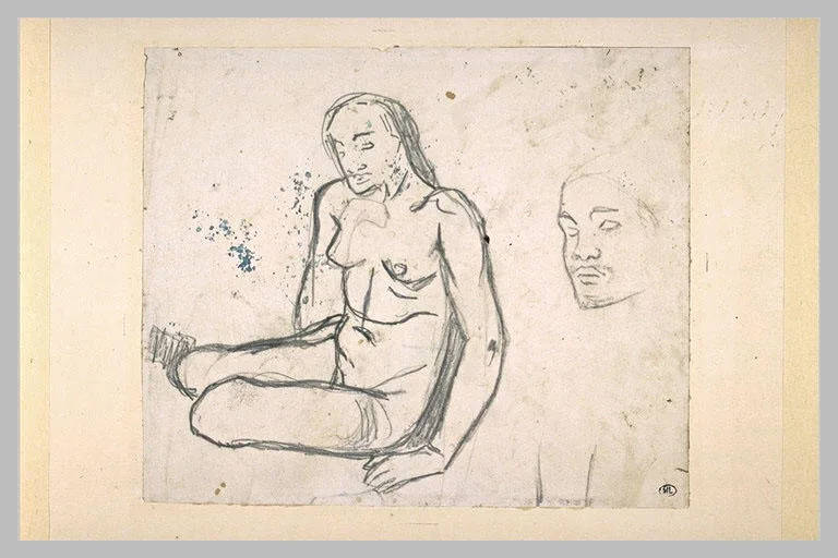 Femme nue assise, la main gauche appuyée sur le sol; à droite étude de tête