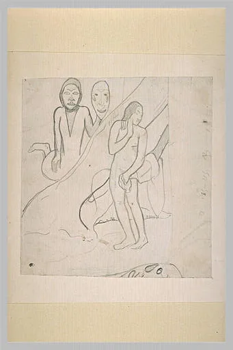 Femme nue debout, et derrière un arbre, émerge un personnage