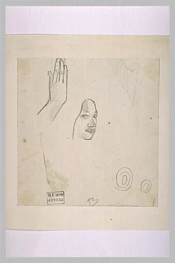 Etudes de main droite levée et tête de femme; ornements