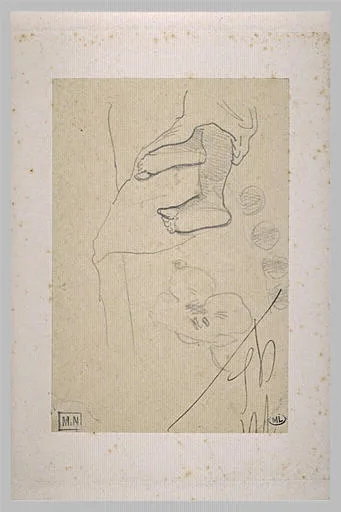 Croquis d'une fleur et de deux pieds sortant d'une draperie