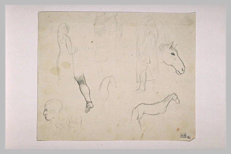Feuille de croquis: personnages, chevaux, tête de cheval, et tête d'homme