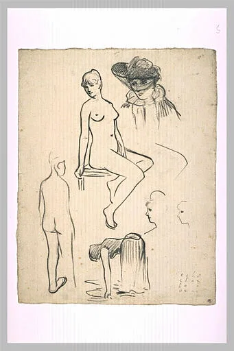 Etudes de nus féminins, d'une femme courbée, d'un buste de femme chapeautée