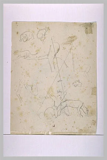 Croquis d'animaux et d'une figure les bras levés