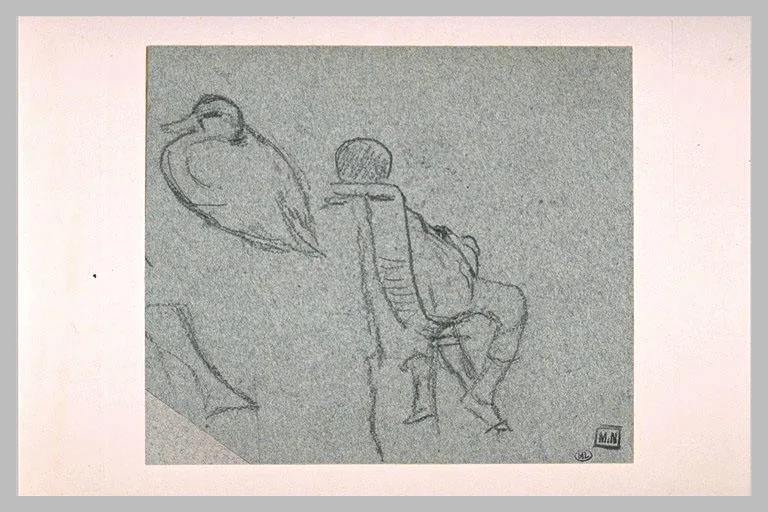 Feuille de croquis avec un carnard et un personnage vu de dos
