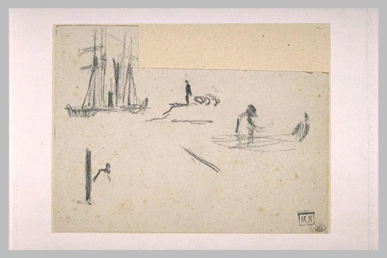 Feuille de croquis avec bateaux et personnages