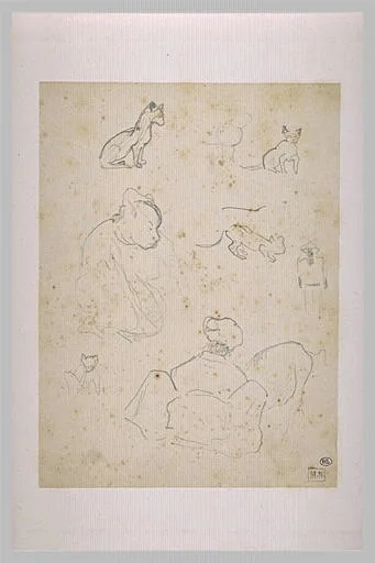 Croquis de trois figures et de chats