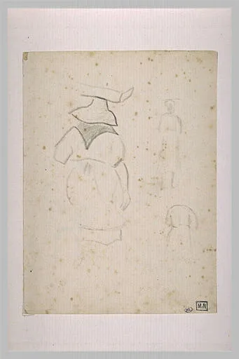 Femme de dos, coiffée d'un chapeau et deux croquis de personnages