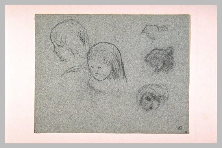 Deux croquis de tête de fillette; trois autres croquis d'animaux