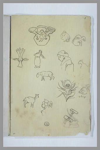 Etudes d'une céramique, de bretonnes, de motifs décoratifs et de moutons