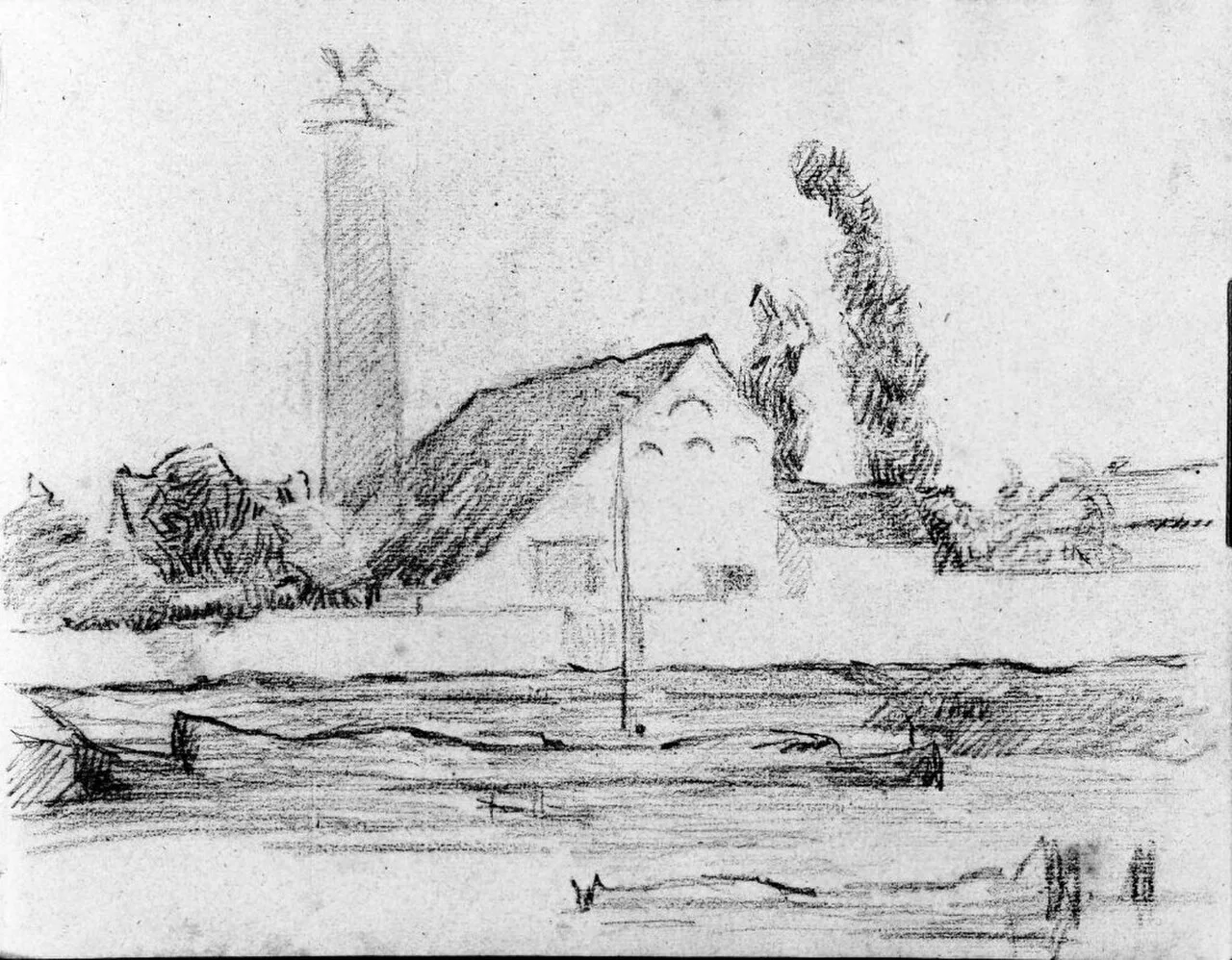 Bondgård. Blad 28 verso i skissbok om 36 blad