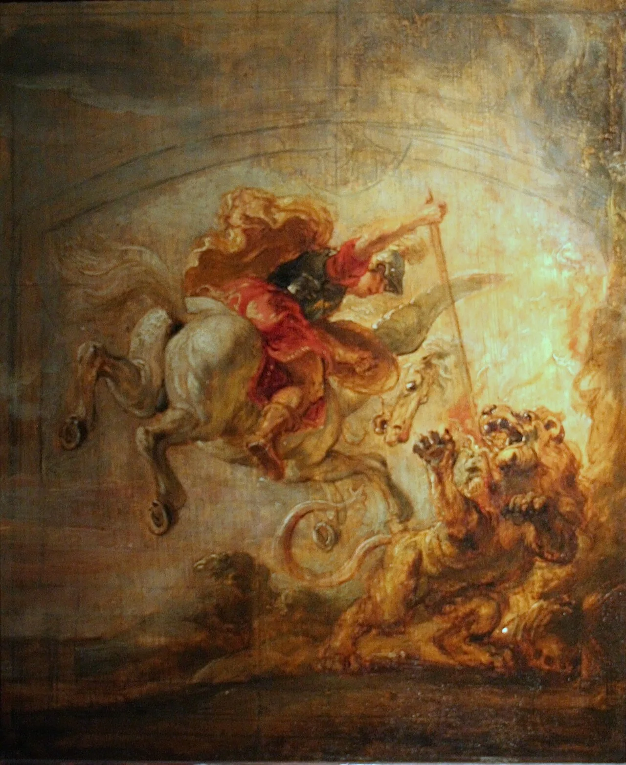 Bellerophon riding Pegasus defeats the Chimaera