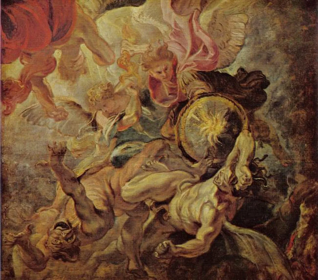 The archangel Michael defeats Satan and the rebellious angels (Revelations 12:7-9)