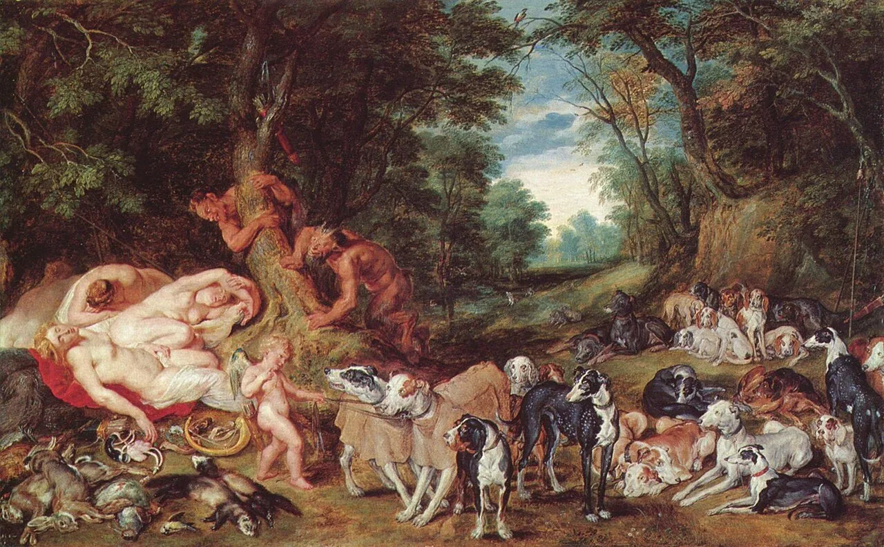 Diana at the Hunt - Diana and her nymphs asleep and spied on by satyrs