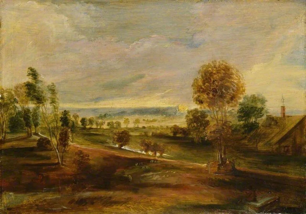 Landscape with Farm Buildings at Sunset