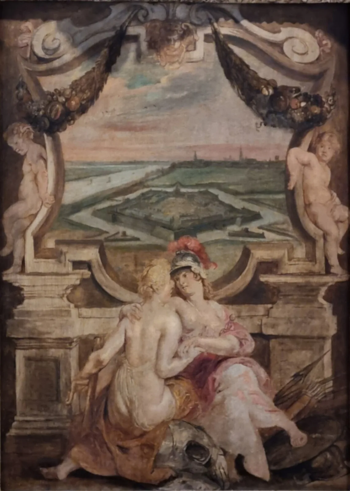 Allegory with two women before a bird's eye view of the Citadel of Antwerp