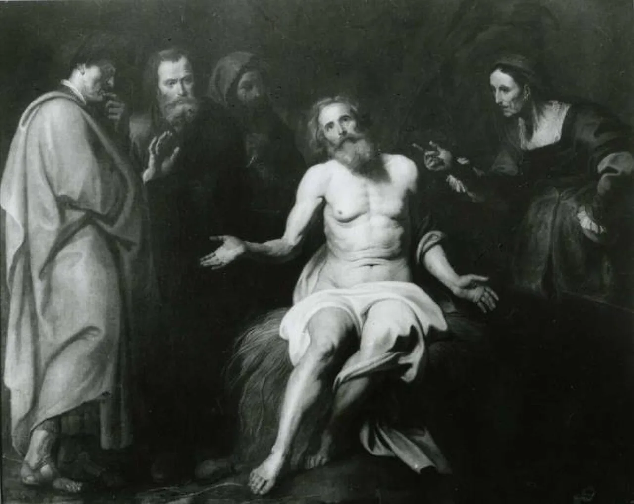 Job seated on a dunghill between his wife and his three friends (Job 1-42), after