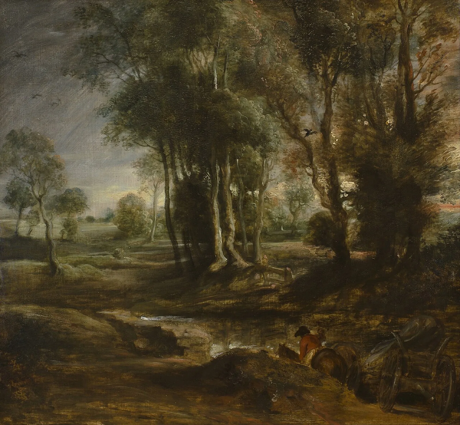 Evening landscape with timber wagon
