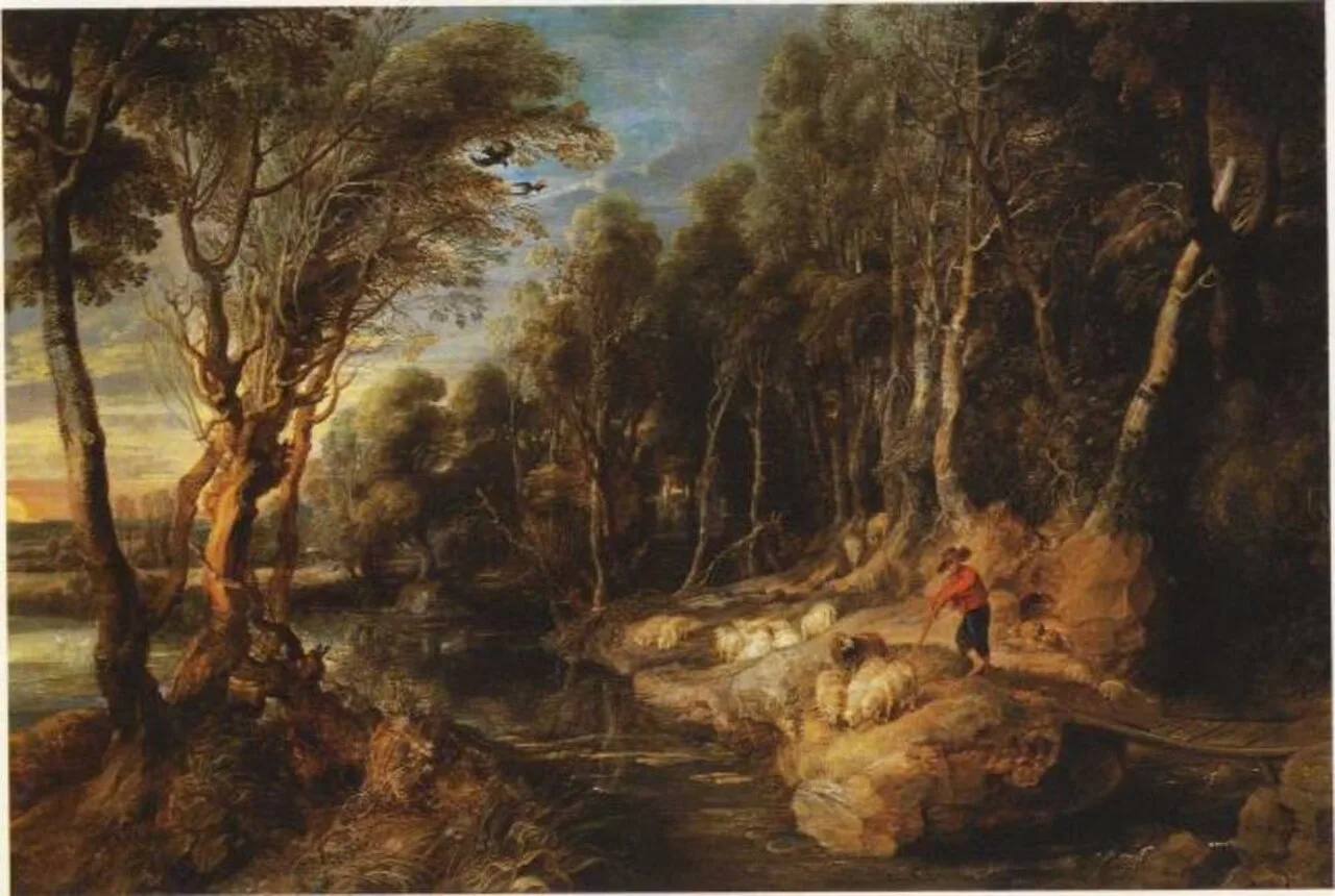 A Shepherd with his Flock in a Woody Landscape