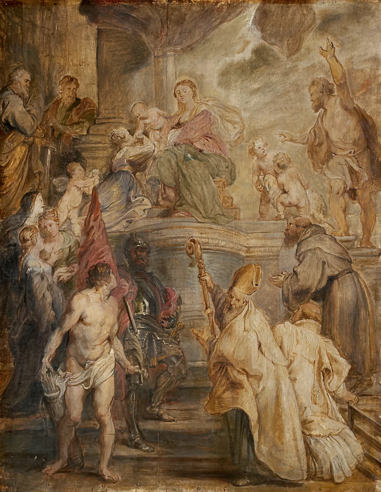 The Mystic Marriage of St Catherine (Colour Sketch for the Altar of the Church of the Augustinian Fathers in Antwerp), verso: Two Cavalry Battles