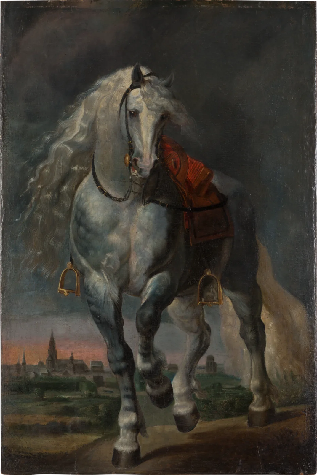White Horse trotting over a flat Landscape before a City
