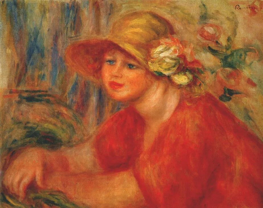 Femme au chapeau à fleurs, corsage rouge et les mains croisées