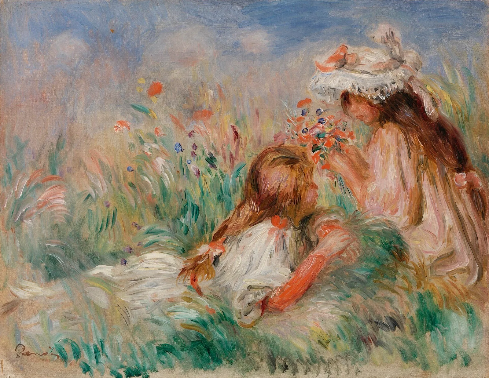 Girls in the Grass Arranging a Bouquet (Fillette couchée sur l'herbe et jeune fille arrangeant un bouquet)