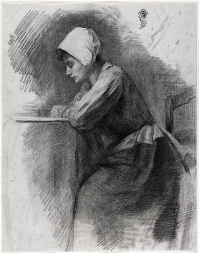Girl with bonnet writing