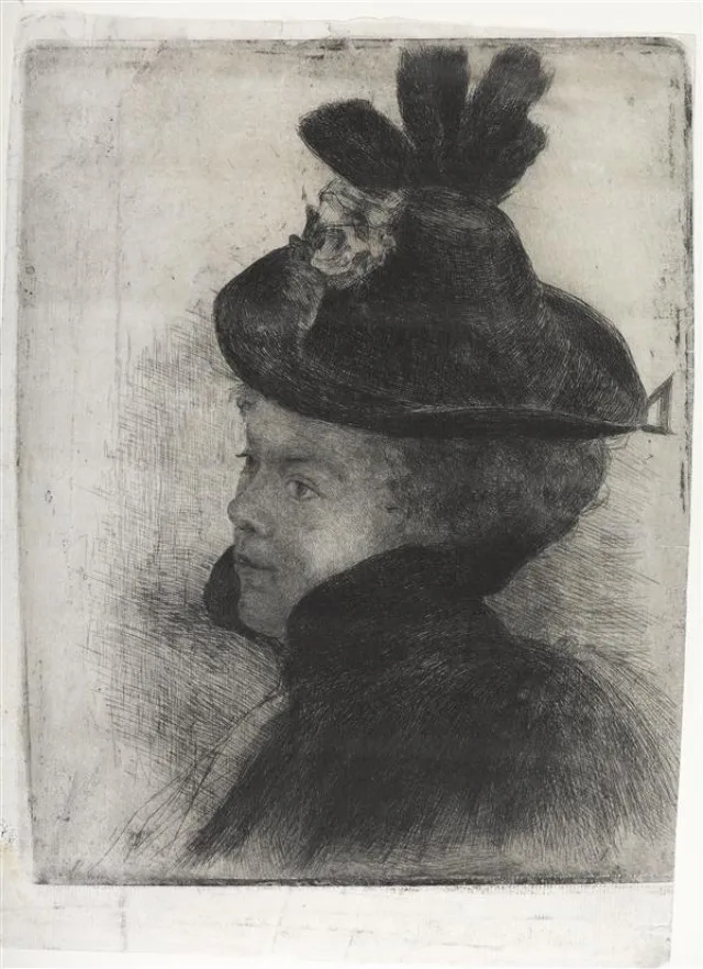 Young woman with cape and hat: etching