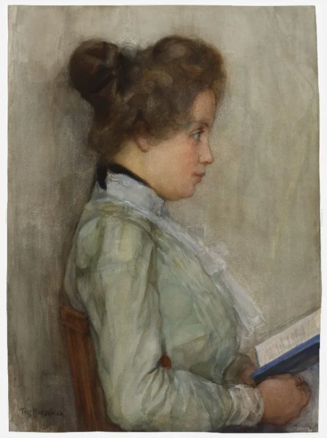 Female torso in profile with book