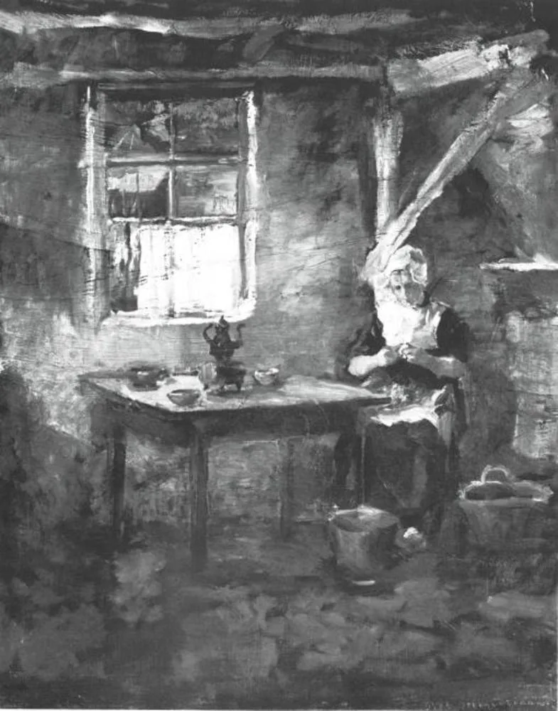 Farm interior with woman peeling potatoes
