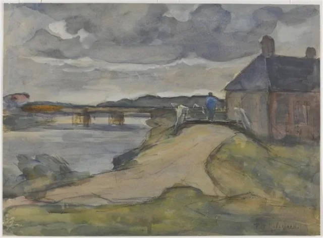 Farmstead along a canal with bridge and farmer