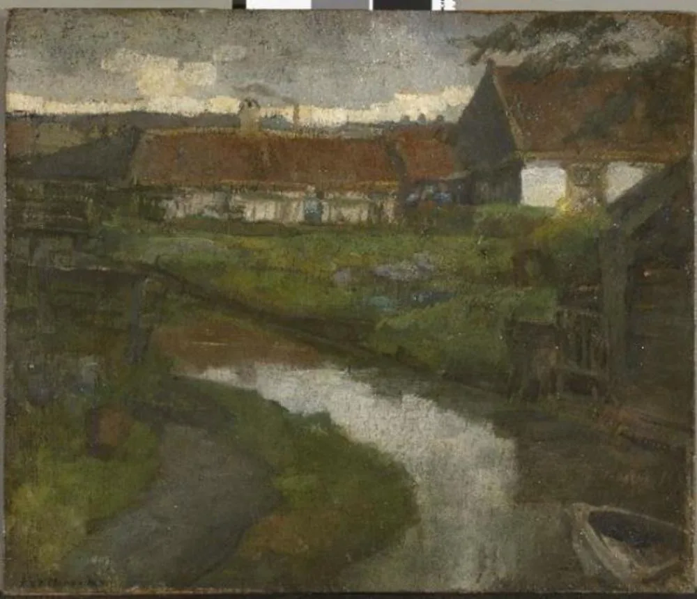 Farmstead and irrigation ditch with prow of rowboat